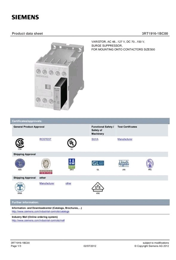 Siemens 3RT1916-1BC00 Surge Suppressor Varistor 48-127VAC 70-150VDC S00